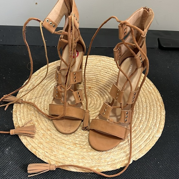 Aldo Cognac Brown Leather Suede Gladiator Heel Sandals Size 6.5 - Picture 14 of 16